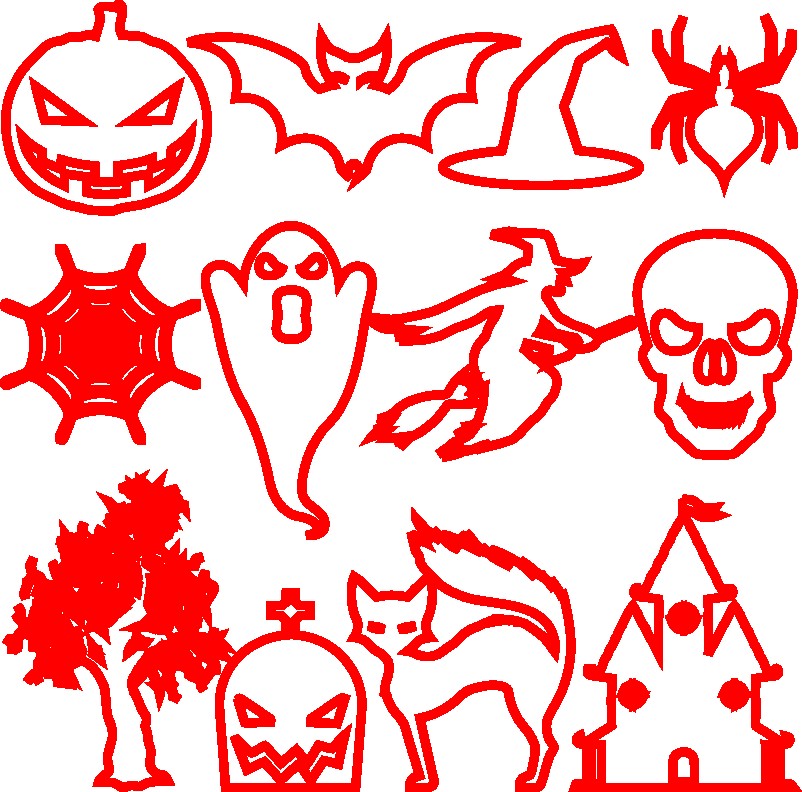 vector descargable para reproducir un set de decoraciones de Halloween. Utiliza tu máquina de corte CNC para la realización de este proyecto.